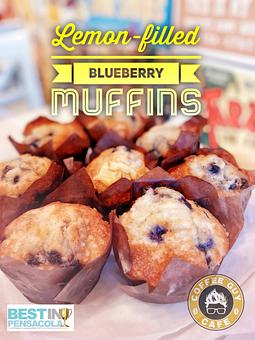 Product: One of our most popular bakery items, a classic blueberry muffin but with the added surprise of lemon filling inside. It's sure to be one of your favorites! - Coffee Guy Cafe in Pensacola, FL Coffee, Espresso & Tea House Restaurants