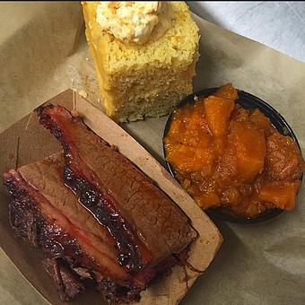 Product: Brisket BBQ Plate with Corn Bread and Sweet Potatoes - Deep Run Roadhouse in West End - Richmond, VA Barbecue Restaurants
