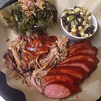 Product: Smoked Sausage, Pulled Pork, Collard Greens and Texas Caviar - Deep Run Roadhouse in West End - Richmond, VA Barbecue Restaurants