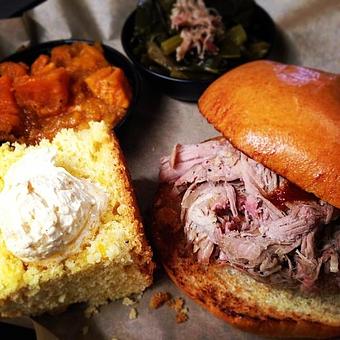 Product: Pulled Pork Sandwich, Corn Bread with Honey Butter, Sweet Potatoes and Collard Greens - Deep Run Roadhouse in West End - Richmond, VA Barbecue Restaurants