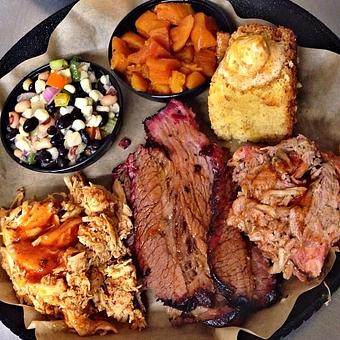 Product: Three Meat Platter - Brisket, Pork, Chicken, Candied Yams, Texas Caviar, and Corn Bread - Deep Run Roadhouse in West End - Richmond, VA Barbecue Restaurants