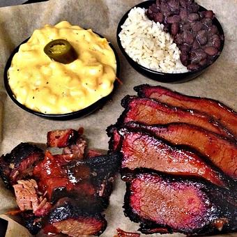 Product: Two Meat Platter- Brisket and more Brisket with sides of Black Beans & Rice and Jalapeno Mac & Cheese - Deep Run Roadhouse in West End - Richmond, VA Barbecue Restaurants