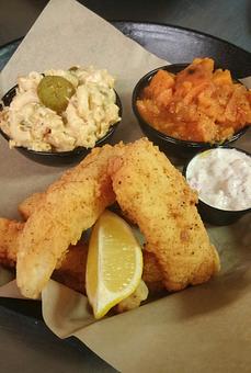Product: Fried Catfish Platter with Homemade Tartar, Fresh Lemon pictured with Sweet Potatoes and Jalapeño Mac & Cheese - Deep Run Roadhouse in West End - Richmond, VA Barbecue Restaurants