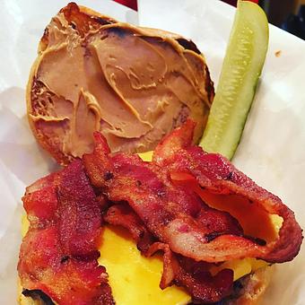 Product: Peanut Butter Bacon Burger - Deerfoot Lodge in Hayward - Hayward, WI American Restaurants