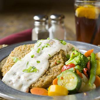 Product: Sunday's Special-Chicken Fried Steak with Mashed Potatoes and Spring Vegetables - Del Charro Saloon in Downtown Santa Fe - Santa Fe, NM American Restaurants