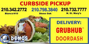 Product: curbside pickup, delivery through grubhub and doordash - Demo's Greek Food in San Antonio, TX Greek Restaurants