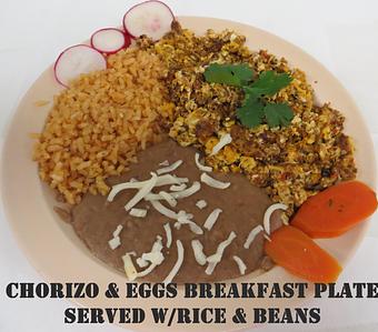 Product: Chorizo & Egg plate served with rice and Beans - El Torito Restaurant & Meat Market in Hesperia, CA Mexican Restaurants
