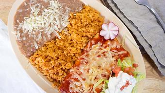 Product: 2 Red Enchilada Plate served with rice & beans and choice of drink - El Torito Restaurant & Meat Market in Hesperia, CA Mexican Restaurants