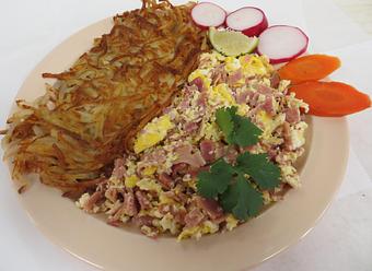 Product: Ham & egg plate served with hashbrown. - El Torito Restaurant & Meat Market in Hesperia, CA Mexican Restaurants