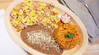 Product: Ham & Eggs plate served with Rice & Beans - El Torito Restaurant & Meat Market in Hesperia, CA Mexican Restaurants