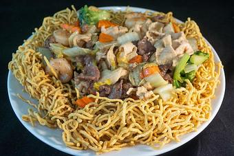 Product: Egg noodles crispy fried with vegetables and your choice of protein (Beef, Chicken, or Shrimp). - Eurasian Bistro in Argonaut Village - Pensacola, FL Vietnamese Restaurants