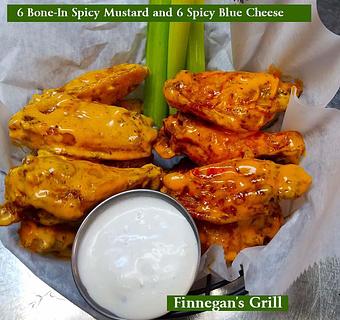 Product: 6 Spicy Mustard and 6 Spicy Blue Cheese with Blue Cheese dipping sauce and Celery - Finnegan's Grill in Ashburn, VA American Restaurants