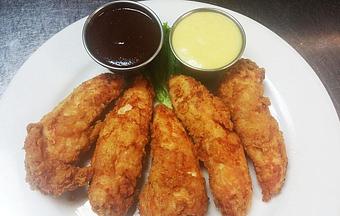 Product: Hand cut and breaded; Served with Honey Mustard and BBQ; For a healthier option, try them grilled!  8.99 - Finnegan's Grill in Ashburn, VA American Restaurants