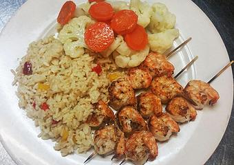 Product: 12 Shrimp grilled or fried to your liking, rice pilaf and seasonal vegetables. 13.99 - Finnegan's Grill in Ashburn, VA American Restaurants