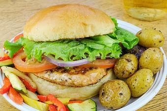 Product: Salmon Burger—also available to Take-n-Make from our freezer case! - Fisherman's Market in Whiteaker - Eugene, OR Seafood Restaurants