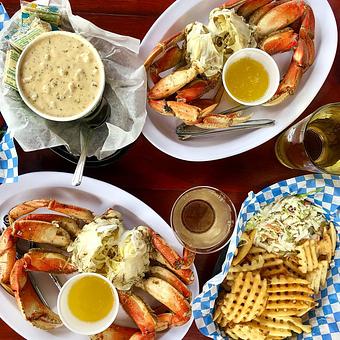 Product: Featured on Diners, Drive-Ins and Dives! A whole fresh Oregon Dungeness crab freshly steamed with lemon & butter, served with your choice of Criss-cut fries & Coleslaw or Soup & Salad - Fisherman's Market in Whiteaker - Eugene, OR Seafood Restaurants