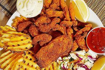 Product: 2 pieces of cod, 5 shrimp and ¼ pound clam strips. Served with criss cut fries and choice of coleslaw. - Fisherman's Market in Whiteaker - Eugene, OR Seafood Restaurants