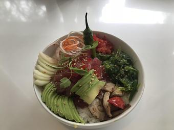 Product: Big Eye Tuna Poki bowl: Big Eye Tuna, Mango, Avocado Shishito Peppers, Cucumbers, Red Cabbage, Spicy Tuna, Chuka Salad and soy mustard sauce - Flamin' Phó & Sushi Bar in San Diego, CA Sushi Restaurants