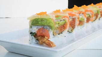 Product: Shrimp Tempura, sp. tuna, cucumber. Top: Salmon, Avocado, lemon slices, masago, sp. mayo. - Flamin' Phó & Sushi Bar in San Diego, CA Sushi Restaurants
