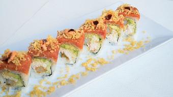 Product: Shrimp Tempura, Imt. Crab, Cucumber, Avocado. Top: Sp.Tuna, Crunchy, Sp. Mayo, Eel Sauce. - Flamin' Phó & Sushi Bar in San Diego, CA Sushi Restaurants
