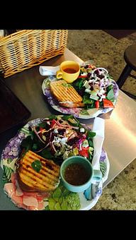 Product: Spinach Dip Sandwich, Jalapeño Popper Sandwich both with side salads - Fox Coffee House in Long Beach, CA Coffee, Espresso & Tea House Restaurants