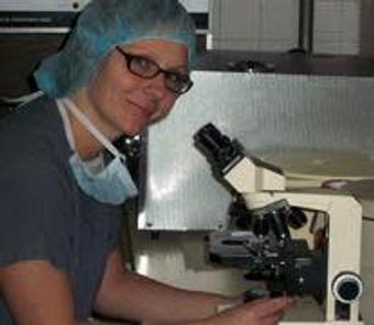 Product: Chris is reading a slide in our lab area. - Good Samaritan Veterinary Hospital in San Leandro, CA Hospitals