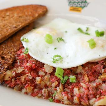 Product: Corned Beef Hash with Eggs, available all day on the breakfast menu. - Goody Goody Burgers - Hyde Park in Tampa, FL Hamburger Restaurants