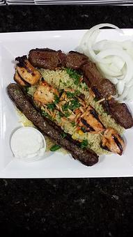 Product: Mixed Kabob DInner Special. Kafta, Chicken Tawook, Shish Kabob served with Rice or Fries and Soup or Salad. - Grape Leaf Express in Perrysburg, OH Greek Restaurants