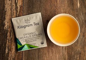 Product: An organic China green tea with savory, nutty flavors in an amply sized pyramid  bag to ensure that the flavors end up in the cup, not tossed out with the bag. - Harold's Coffee Lounge in Northwood - West Palm Beach, FL Coffee, Espresso & Tea House Restaurants