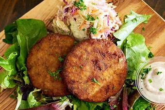 Product: Fish Cakes - Hearty Eats in Shelburne Falls, MA Vegan Restaurants