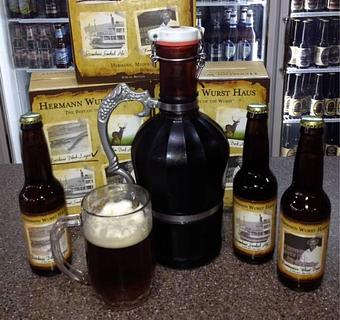 Product: Hermann Wurst Haus craft beers; Wurstmeister Wheat,Steamboat Smoked Ale, Butcher's Block Lager, Golden Buck Ale - Hermann Wurst Haus in Historic Downtown Hermann - Hermann, MO Delicatessen Restaurants