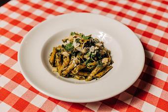 Product: Imported penne with a classic basil pesto, toasted pine nuts, and aged parmesan cheese - Il Porcellino in River North - Chicago, IL Italian Restaurants