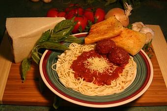 Product: Spaghetti with Meatballs - Lamppost Pizza in Davis, CA Pizza Restaurant