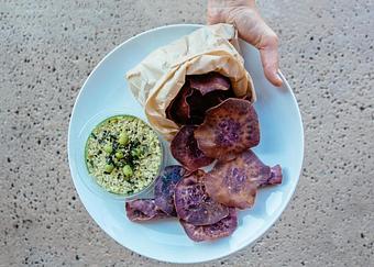 Product: Edamame Hummus and Sweet Potato Chips - Laulima Food Patch in Kailua Kona, HI Coffee, Espresso & Tea House Restaurants