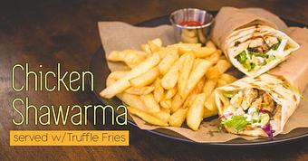 Product: Our Chicken Shawarma with truffle fries. - Limoo Tea Bar in Boston, MA Hamburger Restaurants