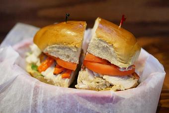 Product: Harvard Yard Bird - Chicken breast, red peppers, bacon, lettuce, pesto aioli. - Lobstah On A Roll in Back Bay; Newbury Street - Boston, MA American Restaurants