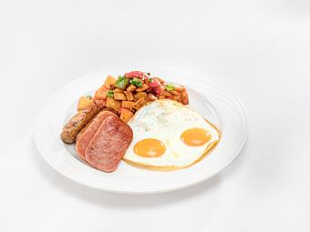 Product: 2 eggs your way | steamed white rice | applewood smoked bacon | link sausage | fresh fruit - M.a.c. 24/7 in Waikiki - Honolulu, HI American Restaurants