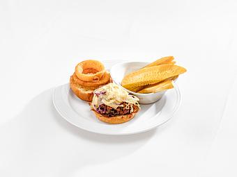 Product: Island baked roll | passion-guava tangy BBQ sauce | smoked cheddar cheese | house slaw | topped with crispy onion rings | ulu or house fries - M.a.c. 24/7 in Waikiki - Honolulu, HI American Restaurants