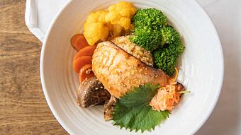 Product: Teriyaki Bowl topped with Faroe Island Salmon - M Café in Los Angeles, CA American Restaurants