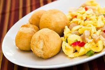 Product: Ackee & Saltfish w/ Fry Dumplins - Mac Inez Caribbean Cuisine in Hackensack, NJ Caribbean Restaurants Product: Ackee & Saltfish w/ Fry Dumplins - Mac Inez Caribbean Cuisine in Hackensack, NJ Caribbean Restaurants