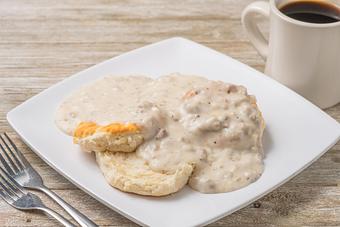 Product: Two Biscuits & Country Sausage Gravy - Mason's Grill in Baton Rouge, LA American Restaurants