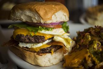 Product: Breakfast Burger with jacked up house potatoes (additional charges apply) - Mason's Grill in Baton Rouge, LA American Restaurants