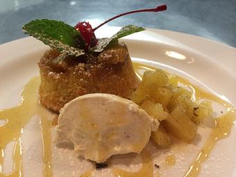 Product: Gluten Free Pineapple Upside-Down Cake, brown butter frosting, pineapple syrup - Maya in Midtown - Charlottesville, VA Comfort Foods Restaurants