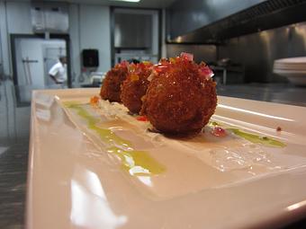 Product: Pimento Cheese Fritters, pepper jelly, chive sour cream - Maya in Midtown - Charlottesville, VA Comfort Foods Restaurants