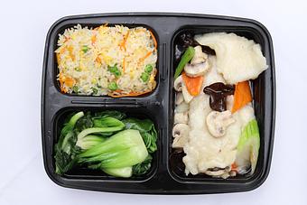 Product: Lunch Bento- Fish filet and mushroom in ginger scallion sauce, bok choy, veggie fried rice. - Mazu Szechuan in New York, NY Bars & Grills
