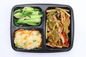 Product: Lunch Bento- Spicy Garlic Pork, bok choy, veggie fried rice. - Mazu Szechuan in New York, NY Bars & Grills