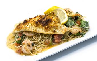 Product: LEMON SOLE OREGANATA Jumbo shrimp, mussels, tomatoes, sautéed spinach, 
roasted garlic-lemon-olive oil, angel hair 27.95 - Mill Creek Tavern in Bayville, NY American Restaurants