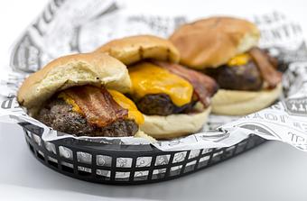 Product: PRIME ANGUS CHEESEBURGER SLIDERS 
Bacon, cheddar, potato buns - Mill Creek Tavern in Bayville, NY American Restaurants