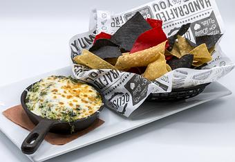 Product: THREE CHEESE SPINACH FONDUE 
Tri-color tortilla chips - Mill Creek Tavern in Bayville, NY American Restaurants