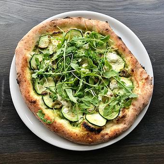 Product: pesto, zucchini, green olives, goat cheese, parmesan, arugula - Mt. Hood Brewing Co. - Tilikum Station in Central Eastside Industrial District - Portland, OR Pubs